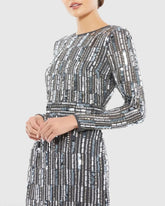 Gray Embellished High Neck Long Sleeve Fitted Dress